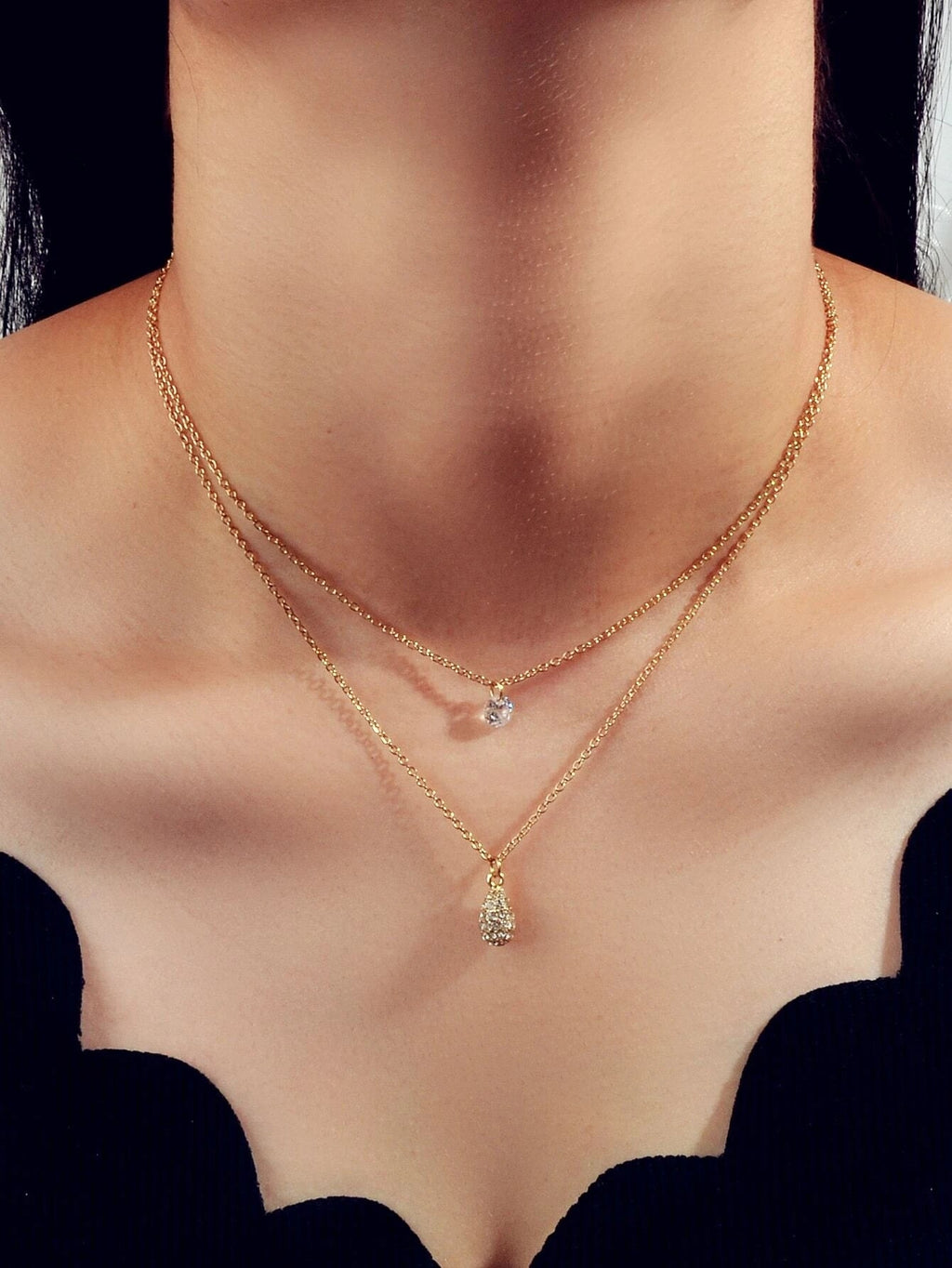 2 pcs Fashion Women Jewellery Rhinestone Decor Gold Chain Water Drop